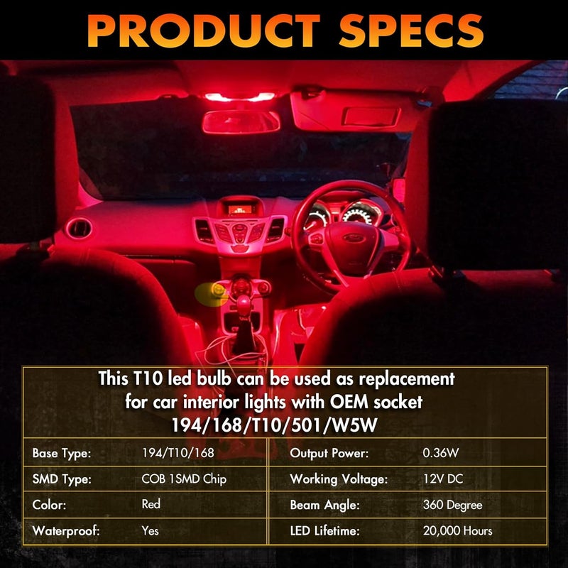 Alopee 30 Pack 194 Led Bulb Red Acrylic 168 Led DC 12V Interior Dome Lights for 194 168 T10 2825 W5W Car Reading Tail Door Light - Image 3